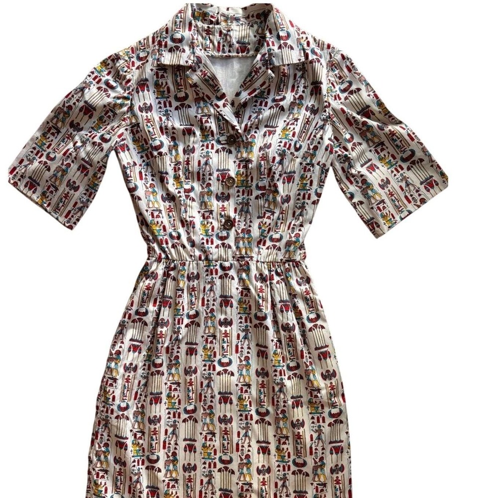 60s Vintage Egyptian novelty Print Dress Womens M Cream Hieroglyphic Shirt Dress